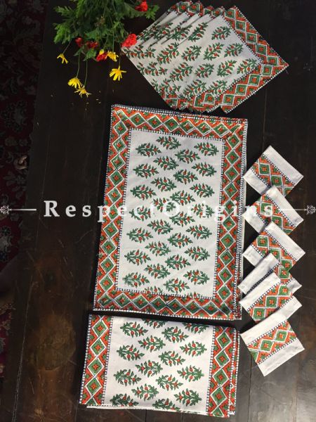 Posh Floral Design Cotton Washable Hand Block Printed Table Mat Set With Runner Coasters & Napkin Set Green N Red On White Base; Mat 18x12 Inches; Runner; 60x12 Inches ; Napkins 15x15 Inches ; Coaster 4x4 Inches; RespectOrigins.com