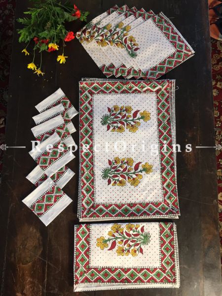 Regal Hand Block Printed Thick Two Flower Design Cotton Washable Block Printed Table Mat Set With Napkins Mustard Red & Green On White Base; Mat 18x12 Inches ; Runner 60x12 Inches ; Napkins 15x15 Inches; Coaster 4x4 Inches; RespectOrigins.com
