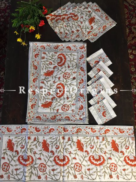 Vivid Floral Design Cotton Washable Hand Block Printed Table Mat Set With Runner Coasters & Napkin Set Red On White Base; Mat 18x12 Inches; Runner; 60x12 Inches ; Napkins 15x15 Inches ; Coaster 4x4 Inches; RespectOrigins.com
