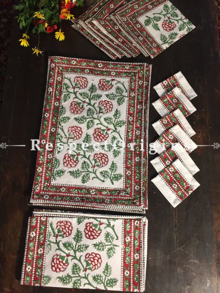 Glorious Hand Block Printed Thick Floral Design Cotton Washable Block Printed Table Mat Set With Napkins Red N Green On White Base; Mat 18x12 Inches ; Runner 60x12 Inches ; Napkins 15x15 Inches; Coaster 4x4 Inches; RespectOrigins.com