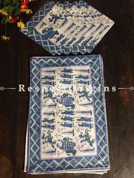 Awesome Hand Block Printed Thick Royal Procession Design Cotton Washable Block Printed Table Mat Set With Napkins Blue On White Base; Mat 18x12 Inches ; Napkins 15x15 Inches ; RespectOrigins.com