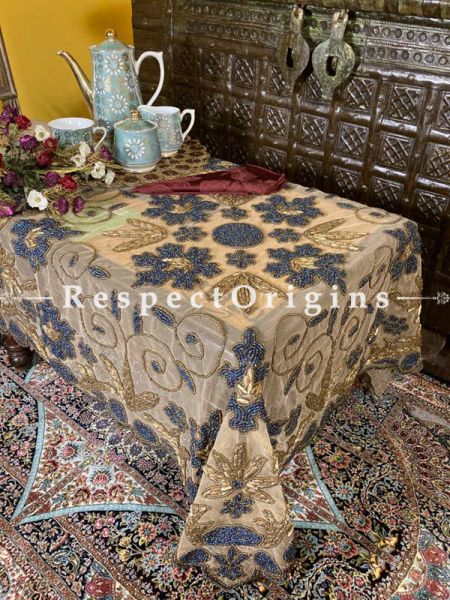 Regalia Luxury Handcrafted Nude with Powder Blue Embroidery Table Cloth in Net w/ fabulous Beadwork in Coppertones; RespectOrigins.com