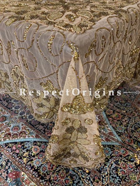 Fabulous Gold n Coppertones Handcrafted Beadwork on Net; Rectangular Dining Table-cloth; RespectOrigins.com