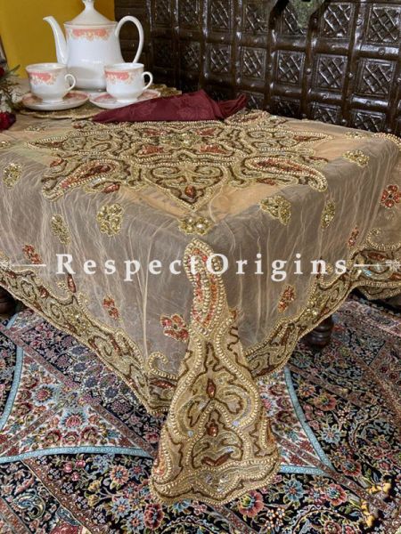 Delicate Gold n Coppertones Handcrafted Beadwork on Net; Rectangular Festive Dining Table-cloth; RespectOrigins.com