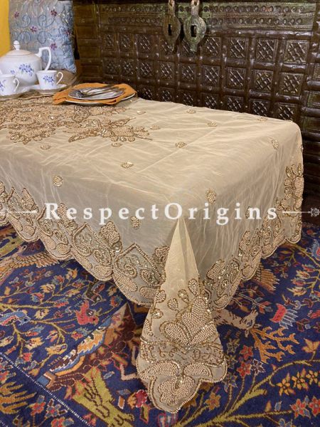 Elegant Net Dining Tablecloth embellished with Beige Beads and Sequins for Holiday of Formal Occasions; RespectOrigins.com
