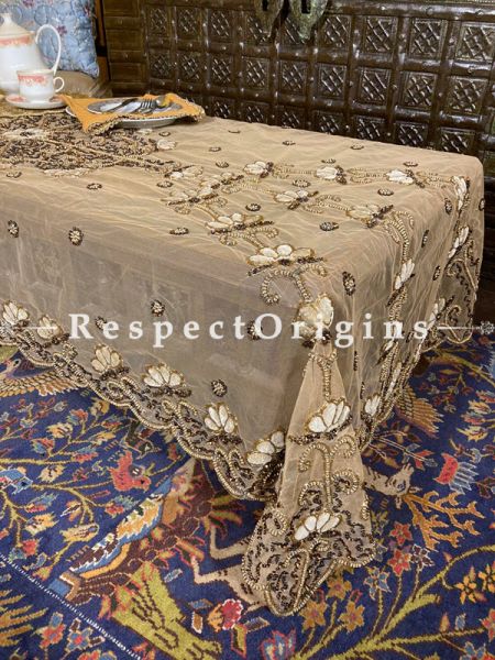 Hand-embroidered Gorgeous Creamy Flowers on a Beige Net Dining Table-cloth with beadwork and embellishments.; RespectOrigins.com