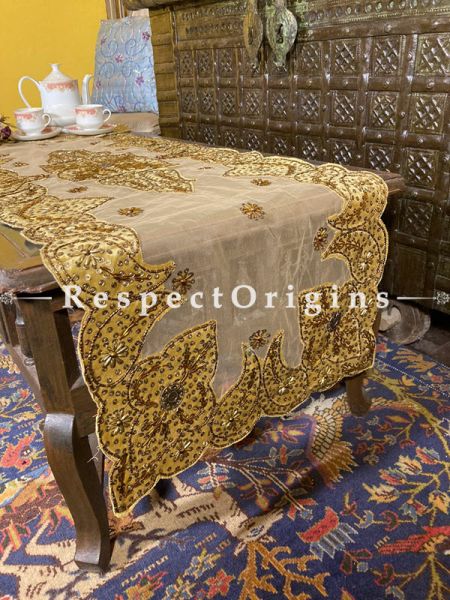 Joyful Yellow-on-Beige Christmas Holiday Party Dining Table-runner embellished with Beadwork and Sequins; Great Gift; RespectOrigins.com