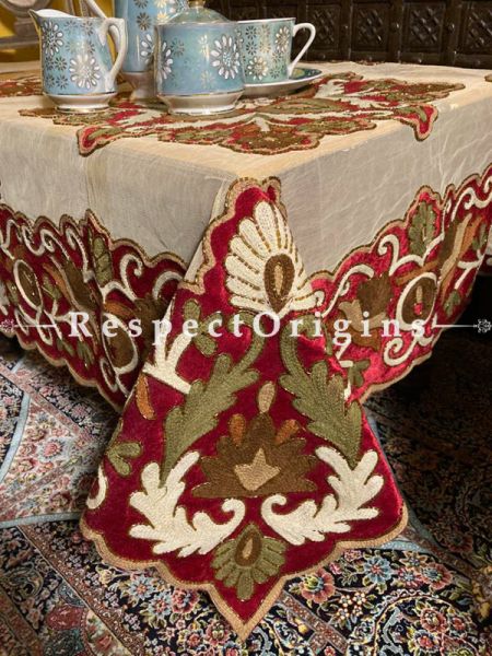 Opulent Velvet Handcrafted Embroidered Patchwork on Beige Net Christmas Holiday Party Dining Table-cloth; Great Gift; RespectOrigins.com