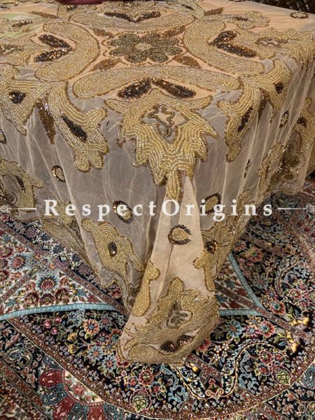 Beige Handcrafted Luxury Table Cloth in Net w/ fabulous Beadwork in Coppertones; RespectOrigins.com