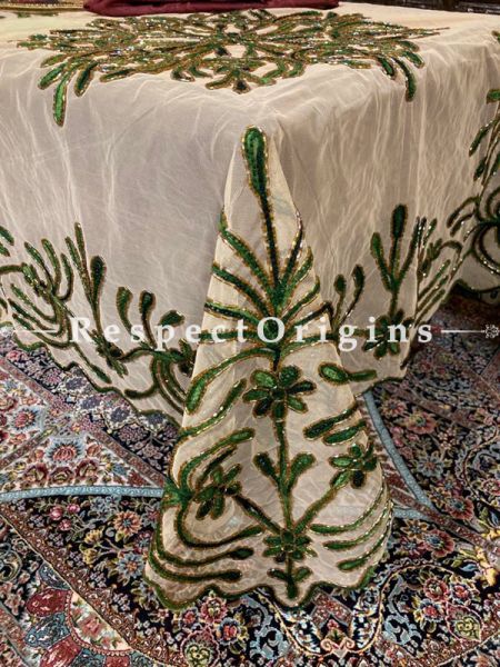 Green on Beige Christmas Holiday Party Dining Table-cloth embellished with Beadwork and Sequins; Great Gift; RespectOrigins.com