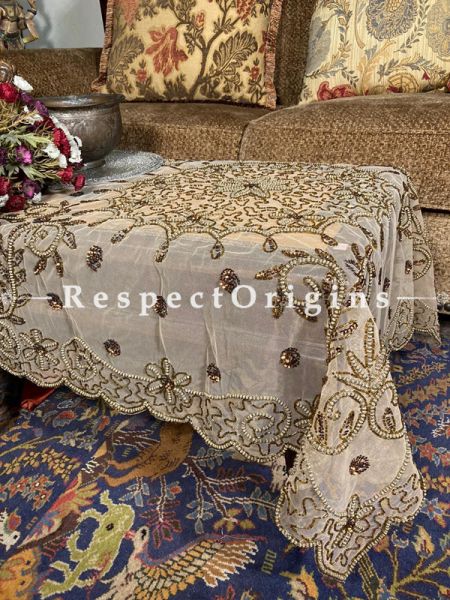 Beautiful Square Table Cover on Beige Net with Beadwork, 40x40 in; RespectOrigins.com