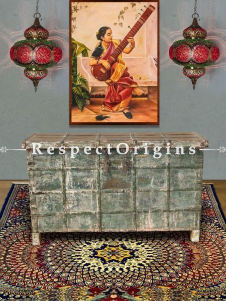 Buy Teak Wood Green Distressed Vintage Dowry Chest Cum Console With Ironwork At RespectOrigins.com