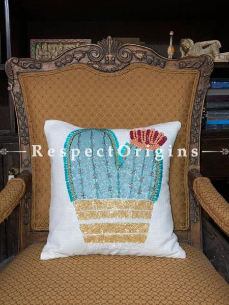Hand Knitted & Embellished Blue Cactus with Beadwork on White Coloured Satin Silk Cushion Covers: Set of 3; RespectOrigins.com