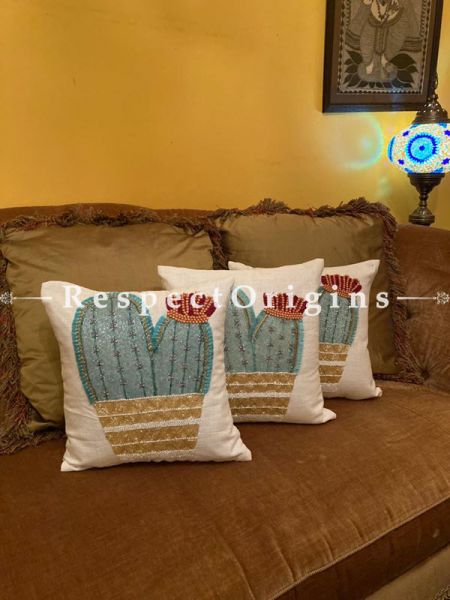 Hand Knitted & Embellished Blue Cactus with Beadwork on White Coloured Satin Silk Cushion Covers: Set of 3; RespectOrigins.com