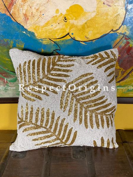 Cushion Covers & Runner with Hand Knitted & Embellished Red Bird;  Beadwork on Satin Silk; Cream Coloured; RespectOrigins.com
