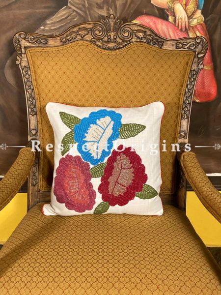 Hand Knitted & Embellished Red & Blue Leafs with Beadwork on Cream Coloured Satin Silk Cushion Covers: Set of 3; RespectOrigins.com