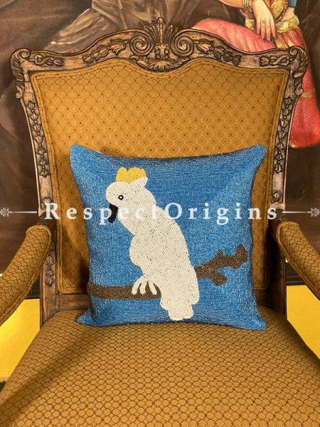 Hand Knitted & Embellished White Bird with Beadwork on Blue Coloured Satin Silk Cushion Covers: Set of 3; RespectOrigins.com
