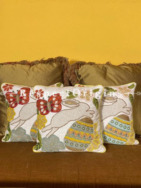 Adorable Rabbit throw Cushions Trio Handcrafted & Embellished with Beadwork on Satin Silk. Ideal X'mas Holiday Birthday Housewarming Gift!; RespectOrigins.com