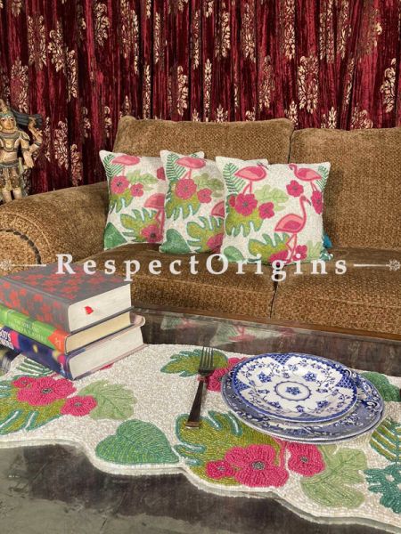 Rosy Pelican Throw Cushions with Runner in Hand-embroidered Beaded Linen n Silk- cost; RespectOrigins.com