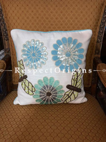 Hand Knitted & Embellished Blue- Green Butterfly & Flowers with Beadwork on White Coloured Satin Silk Cushion Covers: Set of 3; RespectOrigins.com
