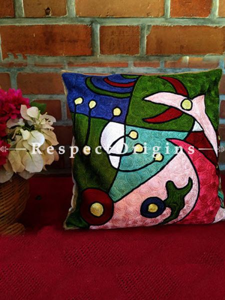 Buy Throw Pillow Square Cushion Cover- Kashmiri Crewel Chain Stitched; Modern Art Style; Cotton Silk At RespectOrigins.com
