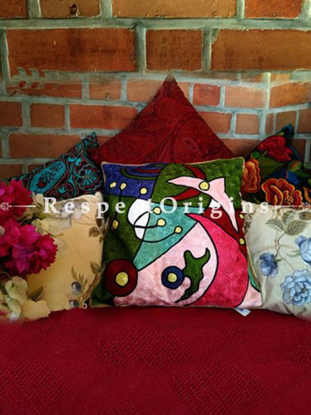 Buy Throw Pillow Square Cushion Cover- Kashmiri Crewel Chain Stitched; Modern Art Style; Cotton Silk At RespectOrigins.com