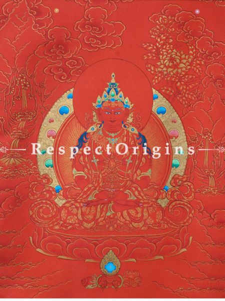 Buddha Amitayus Vertical Large Tibetan Thangka Painting Adorned With 24K Gold Paint Framed in A Traditional Silk Brocade Border Finished Size With Border Is 36x28 in.
