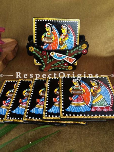 Buy Square Set of 6; Ladies with Musical instrument Hand Painted Tikuli Art Tea Coasters With Holder; 4x4 in At RespectOrigins.com