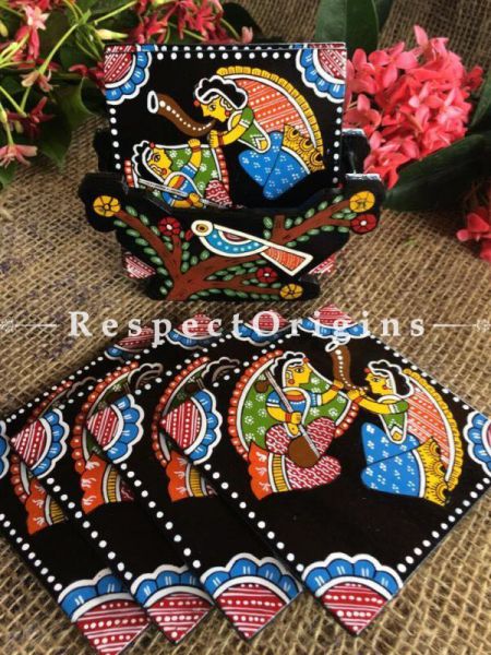 Buy Square Set of 6; Traditional Musicians of Bihar Hand Painted Tikuli Art Tea Coasters With Holder; 4x4 in At RespectOrigins.com