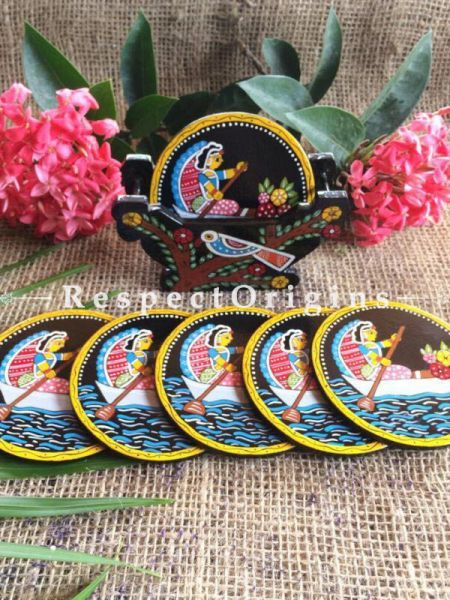 Buy Round Set of 6; Sailor of a Boat Hand Painted Tikuli Art Tea Coasters With Holder; 4 in At RespectOrigins.com