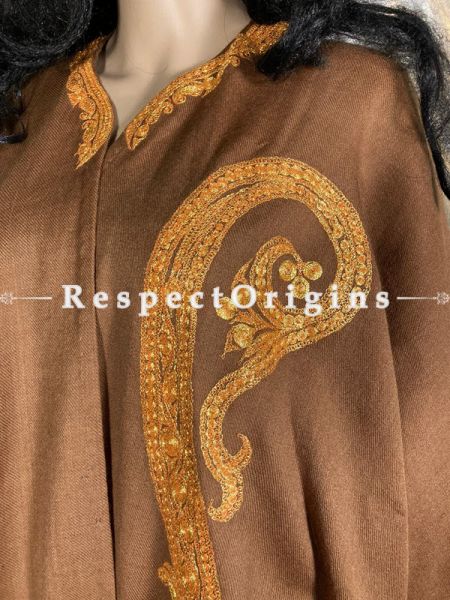 Tilla Embroidered Brown Cape Shawl on Semi- Pashmina Wool; Free Size; RespectOrigins.com