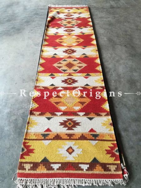 Buy One of a kind, Artisanal, Woolen Floor Runner with Red, Cream Base and Yellow, Red Borders, Tribal, Hand knotted, Contrasting Colors and geometric design, 12x2.5 Ft At RespectOrigins.com