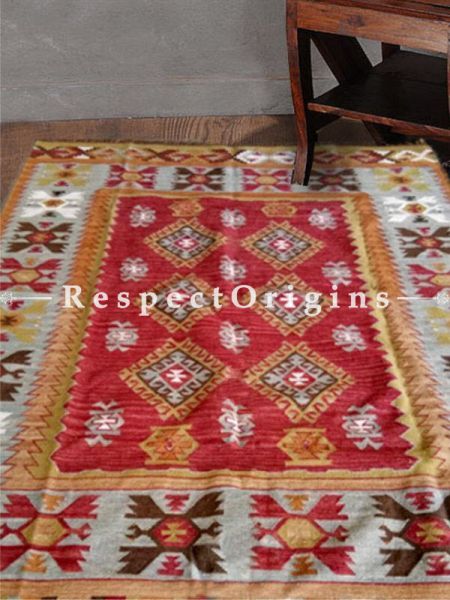 Buy Artisanal, Woolen Rug with orange and Yellow Borders, Tribal, Hand Knotted, One of a kind, Contrasting Colors and geometric design, 8x10 Ft At RespectOrigins.com