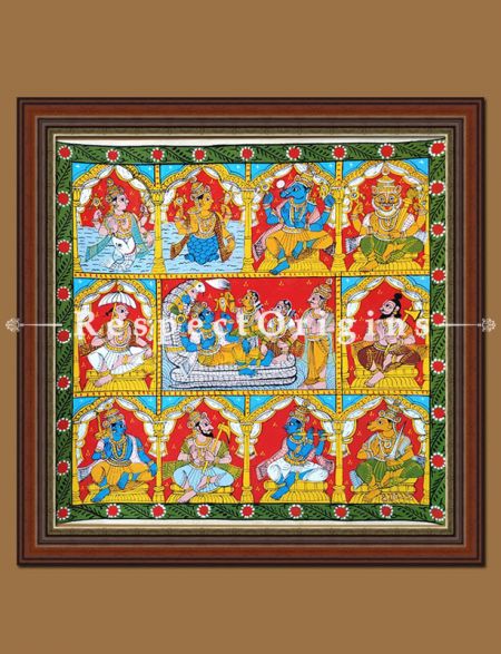 Vishnu Avatara; Cheriyal Folk Art Square Painting on Canvas in 18x18 in