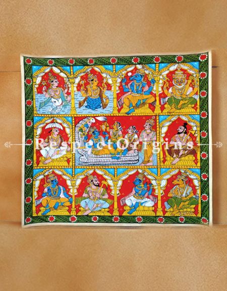 Painted Scrolls of Cheriyal; Vishnu Avatara; Folk Art Square Painting in 18X18 inches; Traditional Painting on Canvas, RespectOrigins