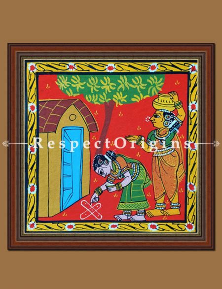 Daily activities of tribal women, Set of 6 Cheriyal Painting, Square, Wall Art, Hand Painted, Canvas, 8x8 in