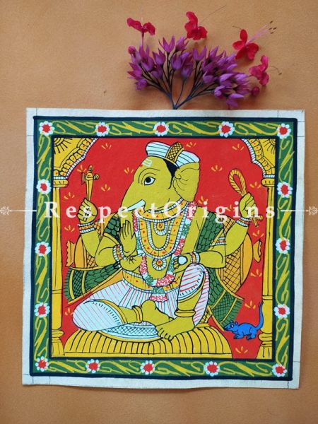 Adorable Ganesha! Framed Cheriyal Folk Art Square Canvas Painting in 8x8 in