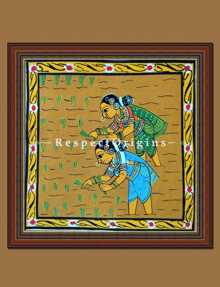 Vibrant Framed Set of Cheriyal Folk Art; Rural Life Scenes; 8x8 in