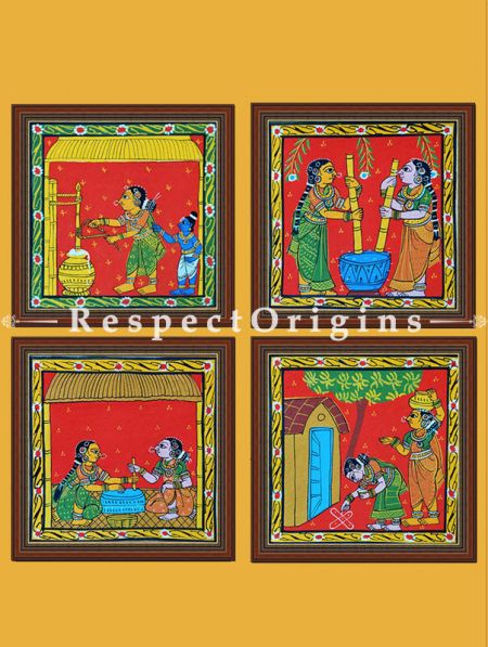 Buy Painted Scrolls of Cheriyal; Krishna and Yashoda; Folk Art Square Painting in 8X8 inches; Traditional Painting on Canvas, RespectOrigins