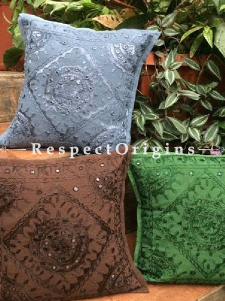 Buy Uber Cool Square Cotton Cushion Cover Set of 3; Rajasthani Embroidery With Mirror Work; 16x16 in; Grey Brown Green At RespectOrigins.com