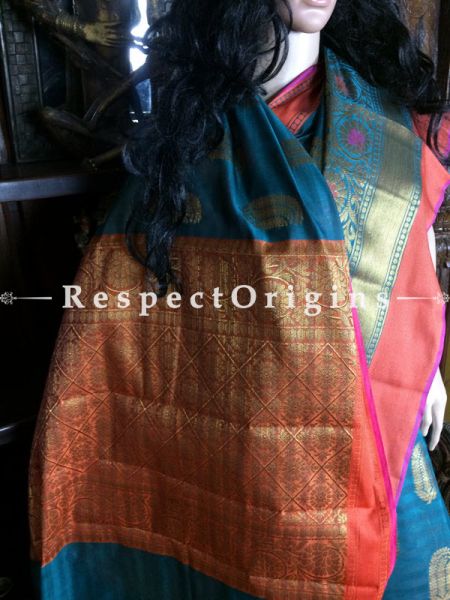 Blue-Orange Handwoven Banarasi Cotton Silk Saree; Zari Border & Butis; RespectOrigins.com