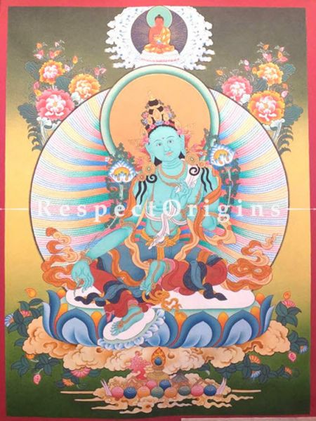 Vertical Thangka Painting of Green Tara in 24 x 18 inches On Canvas; Buddhist Traditional Painting Wall Art; RespectOrigins