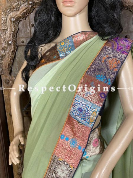 Vintage Lime Shade Banarasi Border on Georgette Designer Formal Ready-to-Wear Saree; RespectOrigins.com
