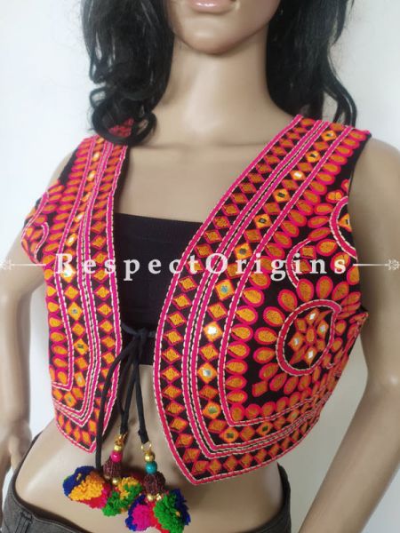 Navratri Special! Red Kutchi Embroidered Boho Ladies Gujarati Cotton Koti Jackets with Ties; Freesize; RespectOrigins.com