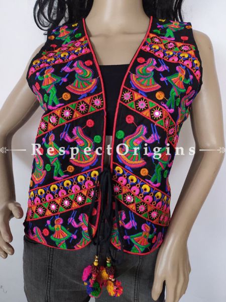 Navratri Special! Embroidered Boho Ladies Multicolor Gujarati Kutchi Cotton Koti Jackets with Ties; Freesize; RespectOrigins.com