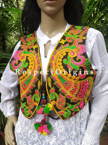 Navratri Special! Embroidered Boho Ladies Banjara Cotton Green & Mustard Koti Jackets with Ties; Freesize; RespectOrigins.com