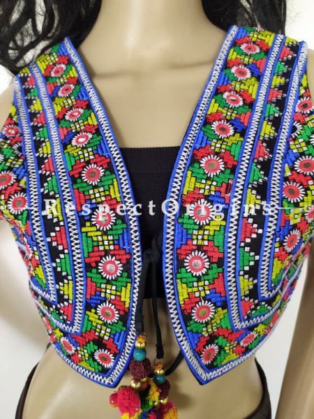 Navratri Special! Kutchi Embroidered Boho Ladies Blue Cotton Koti Jackets with Ties; Freesize; RespectOrigins.com