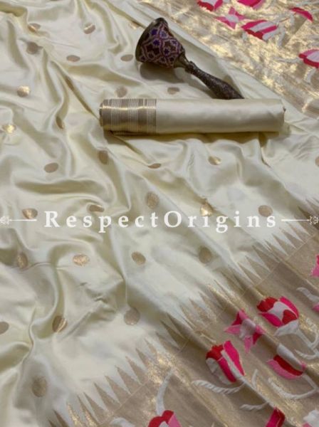 Kanchipuram Pure Silk Saree in Cream, Full body weaving with Running Blouse; RespectOrigins.com