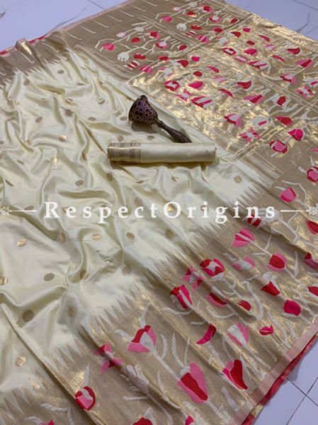 Kanchipuram Pure Silk Saree in Cream, Full body weaving with Running Blouse; RespectOrigins.com