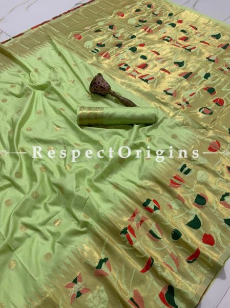 Pure Kanchipuram Green Silk Saree,Full Body Weaving With Contrast Running Blouse; RespectOrigins.com